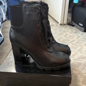 BAMBOO Black Lace-Up Chunky Heel Boots